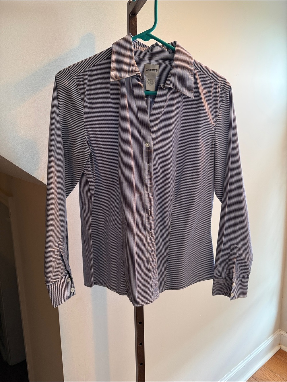Chico's women’s Blue Pinstripe Dress Shirt